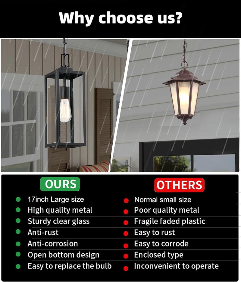 Faymart lighting إضاءة معلقة خارجية بقطر 17 بوصة للمدخل، مصنوعة من المعدن والزجاج، مصباح معلق للسقف للإضاءة الخارجية، مصباح معلق للمدخل، E26 - Image 3